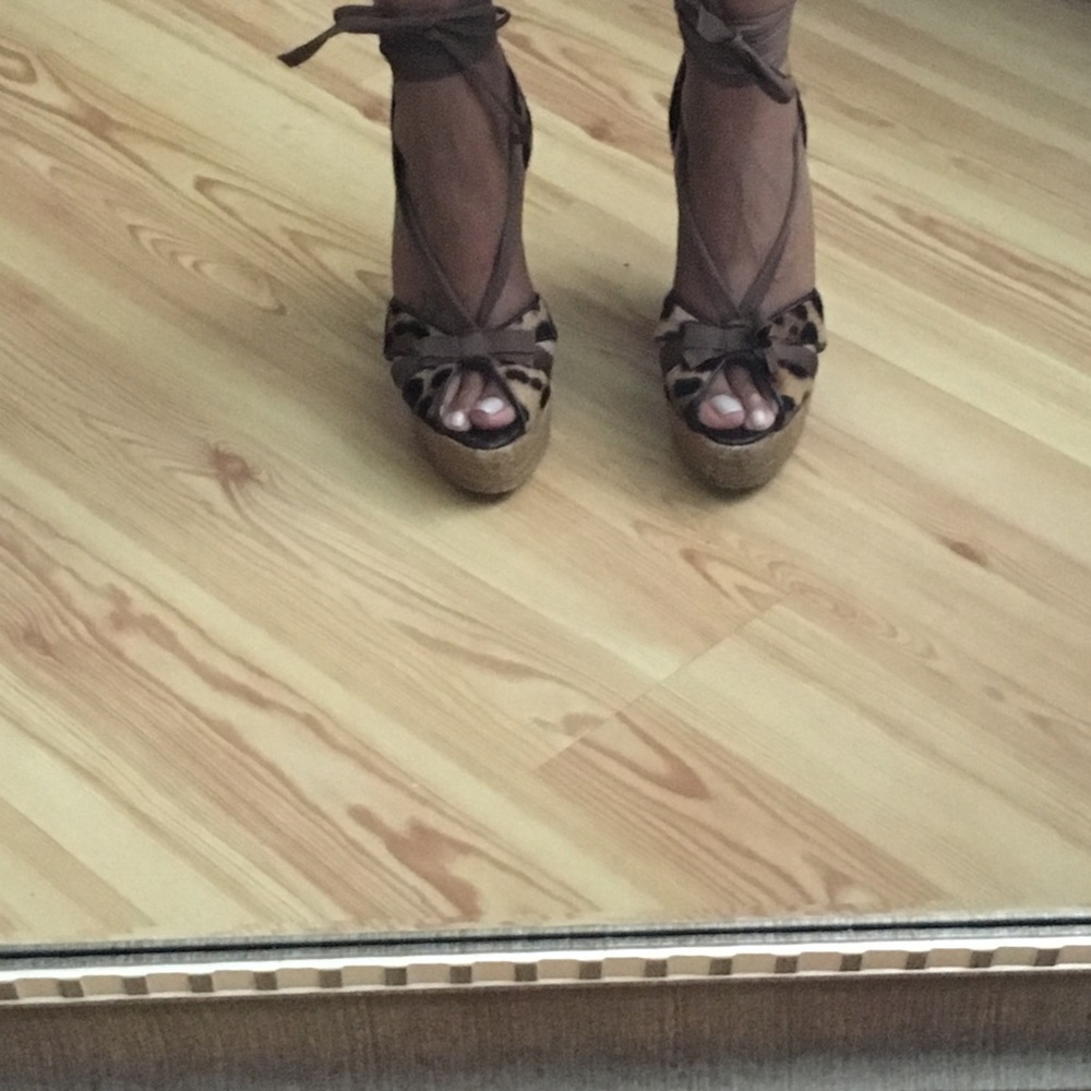 Christin louboutin pony hair leopard wedges